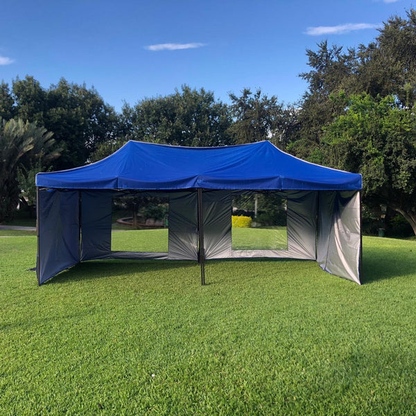 Toldo 6x3 m Azul con 2 Paredes lisas y 2 Paredes con ventanas